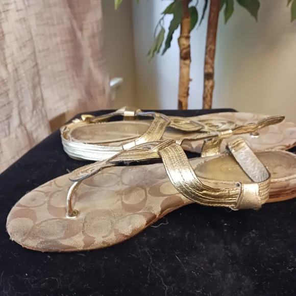 Coach Gold Metallic T-Strap Sandals sz 8 - Picture 7 of 8
